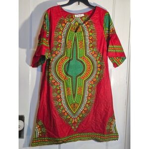 Lapogee Red Cotton Dashiki Print Tunic Dress Womens‎ Large Short Sleeve African